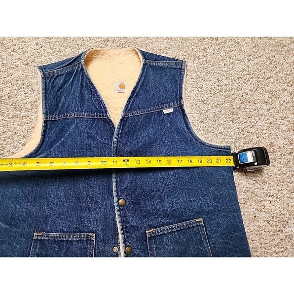 Vintage 80s Carhartt Denim Vest Men's  Large Tall Sherpa Lined Workwear Snap USA - Picture 9 of 16